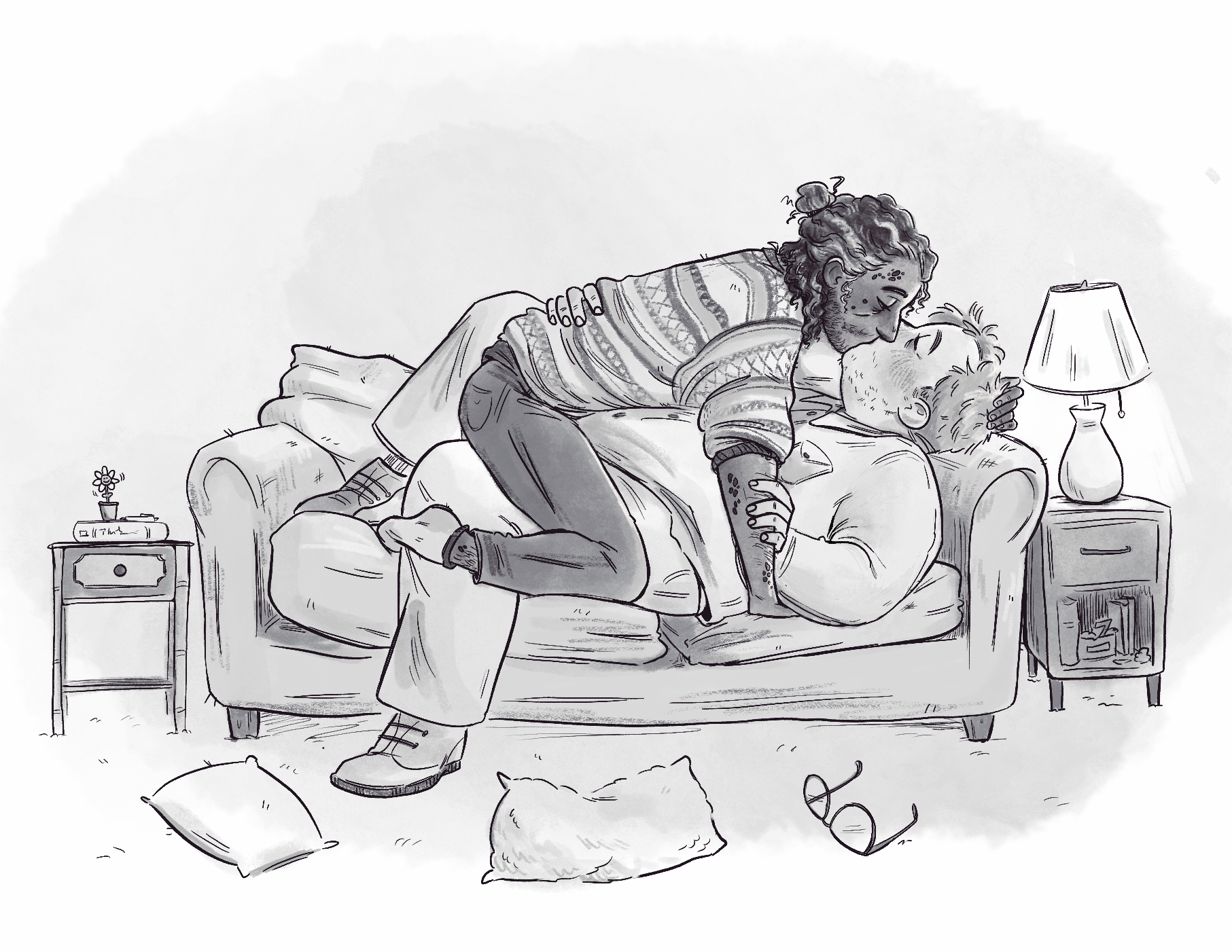 A drawing of Jon and Martin from The Magnus Archives by Hotdrinks in grayscale. Jon is a thin man with tan skin, shoulder length hair, circular scars, and a patterned sweater. Martin is a fat man with light skin, short hair, and is wearing a button up shirt. Jon is over Martin kissing him on the couch, holding the back of his head, while Martin has one hand wrapped around Jon's waist. On the floor is Martin's glasses and a few pillows. To the left of the couch is a table with a small solar-powered flower on it, and to the right of the couch is a table with a lamp.